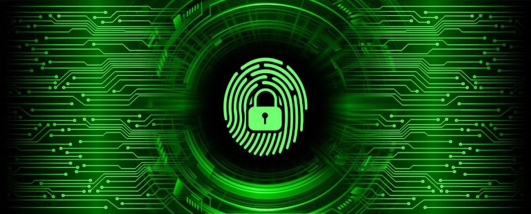 Biometric fingerprint authentication lock icon with green circuit board and digital security framework representing endpoint protection