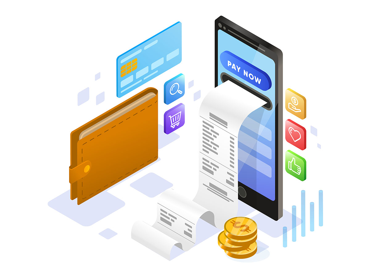 Isometric illustration of mobile online payment with smartphone, digital wallet, credit card, receipt and Pay Now button