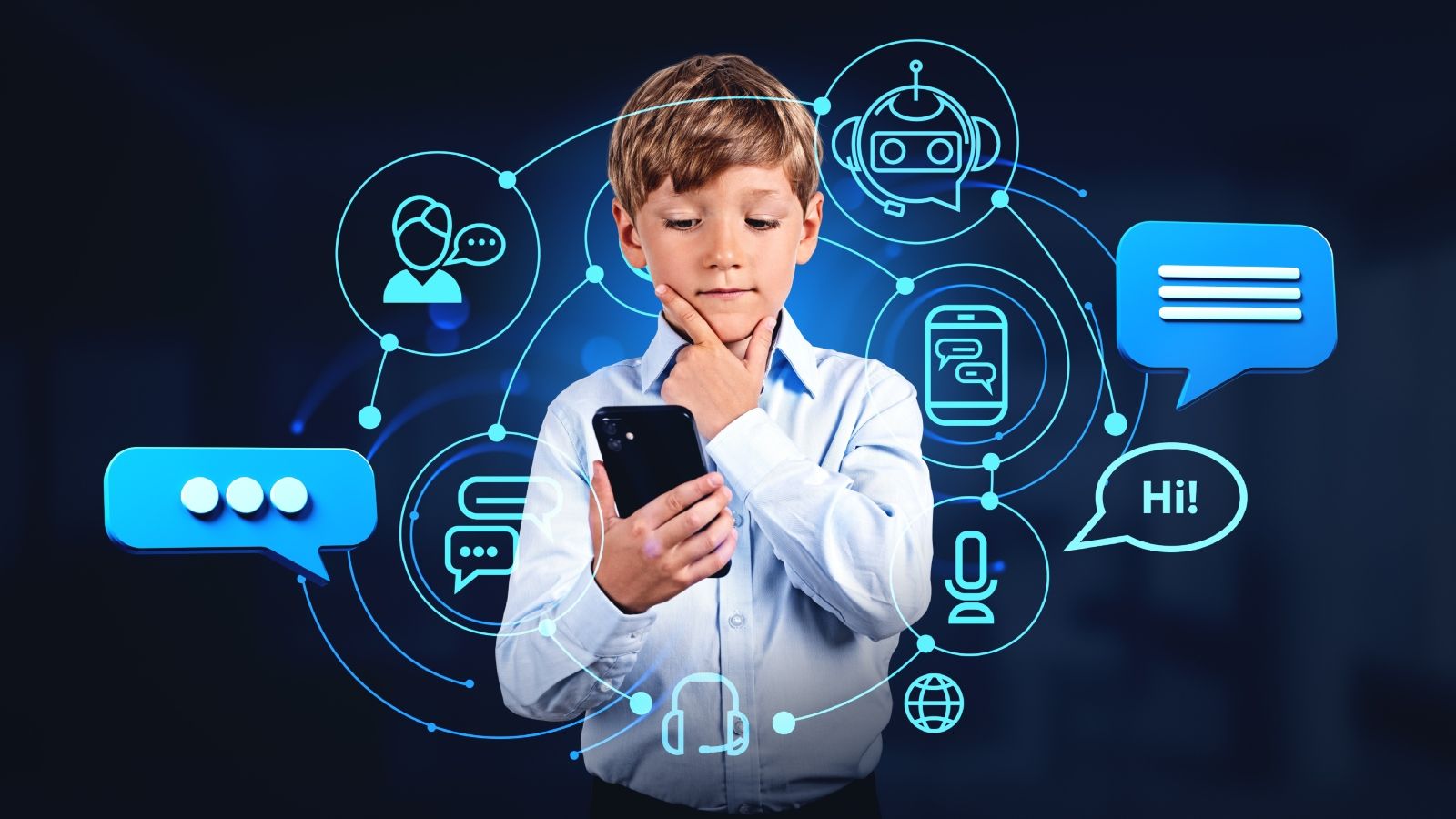 Young boy using smartphone surrounded by AI chatbot icons, messaging bubbles, and digital communication interface graphics
