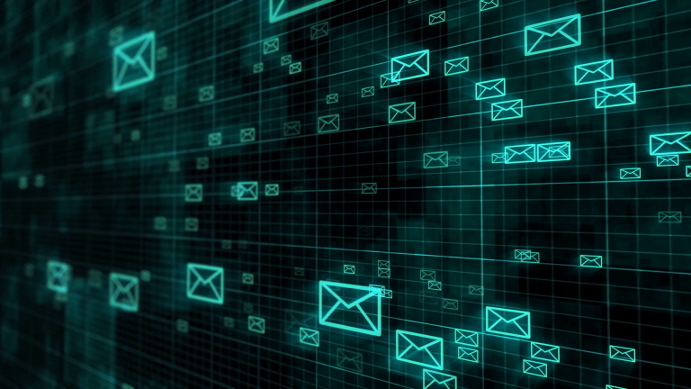 Glowing neon email icons flowing across digital grid representing secure email communications and threat protection