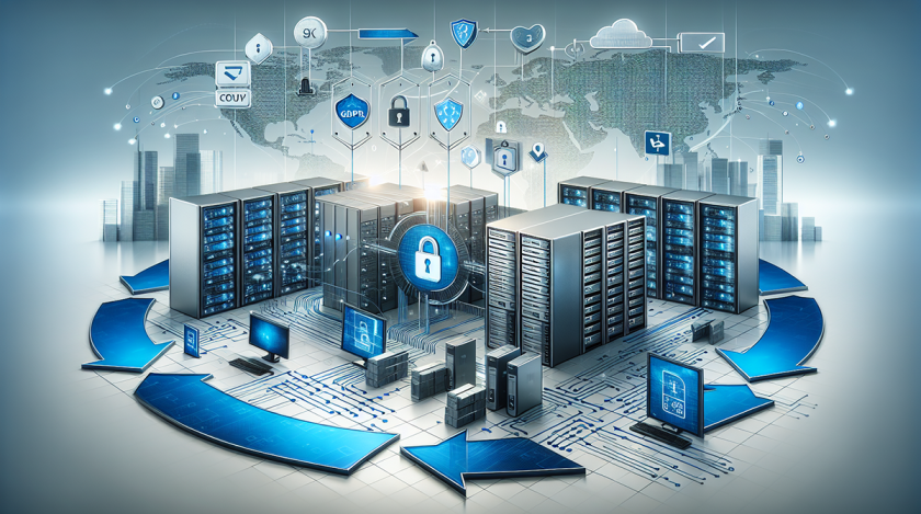 Enterprise data center with secure servers, GDPR compliance shields, padlock icons, and global network connectivity visualization