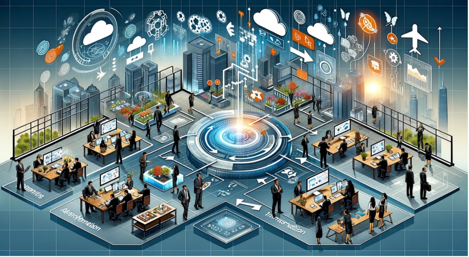 Isometric illustration of enterprise technology solutions with professionals, cloud computing, AI, and digital transformation icons