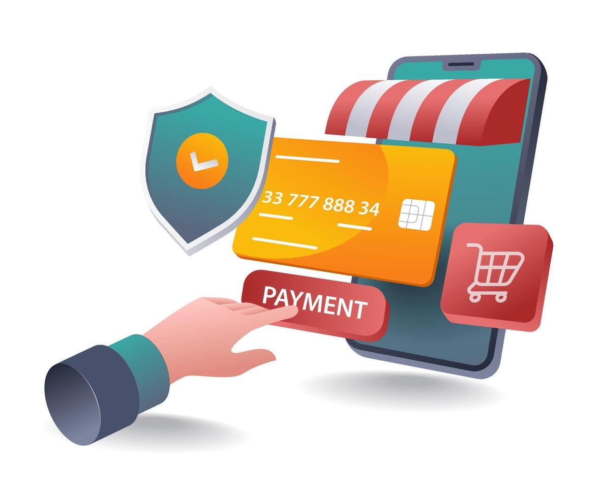 Isometric illustration of secure mobile payment with credit card, shield, and shopping cart on smartphone screen