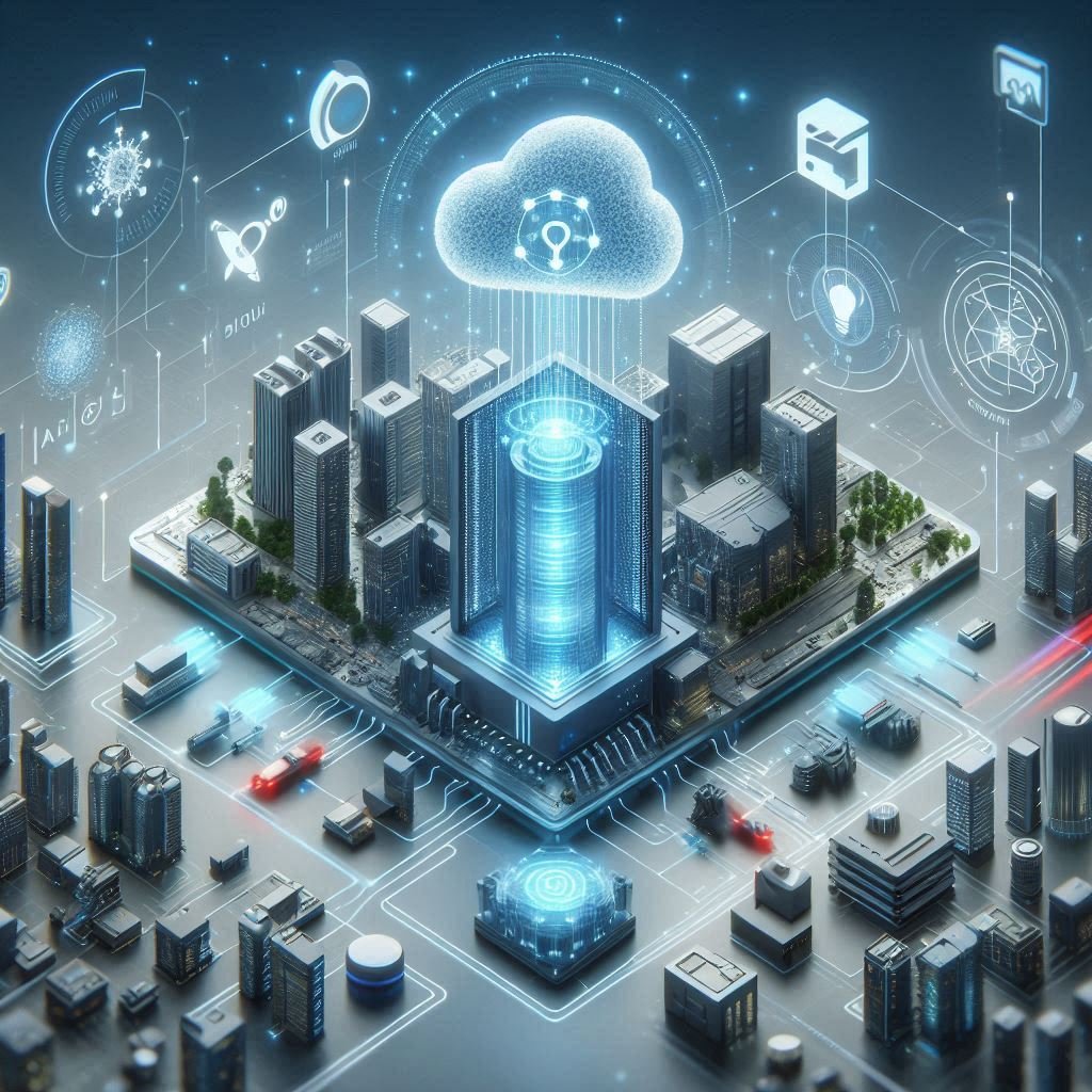 Futuristic isometric smart city with cloud computing icon, data center hub, and connected hybrid multi-cloud architecture network