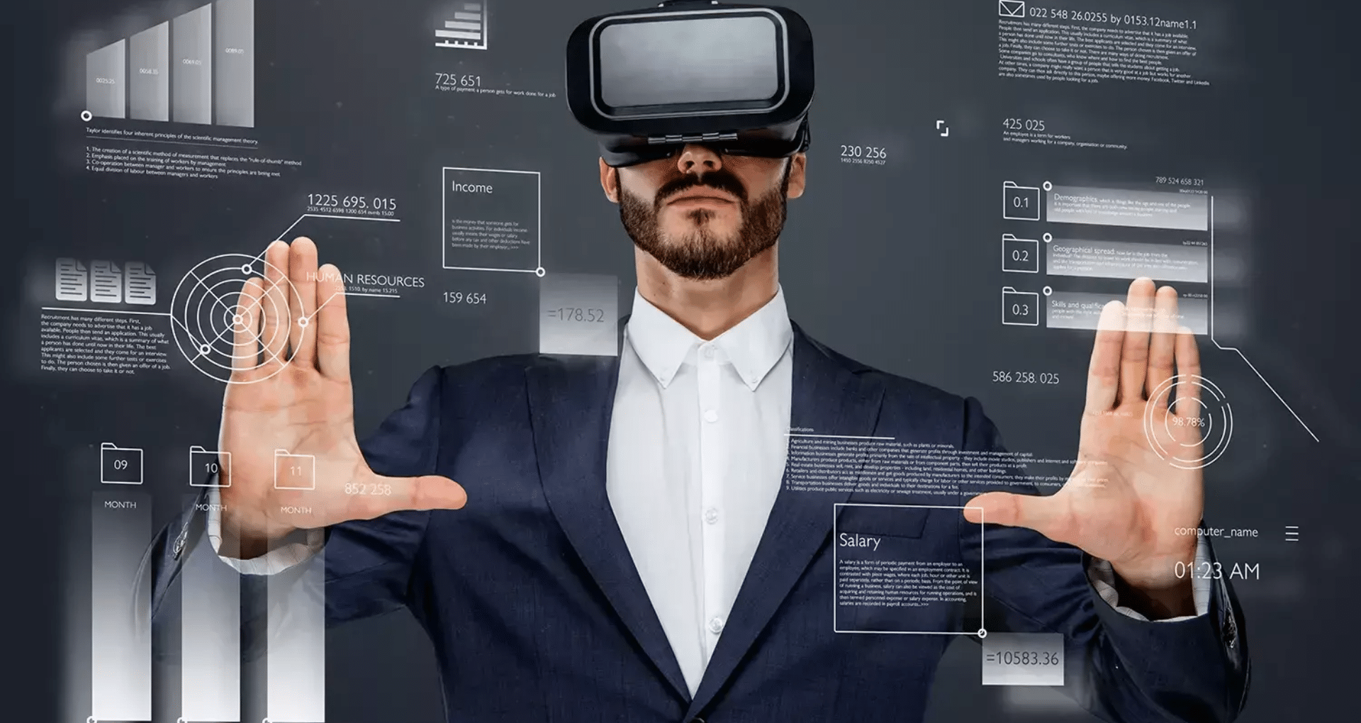 Businessman in suit wearing VR headset interacts with holographic data dashboards showing HR analytics and digital metrics
