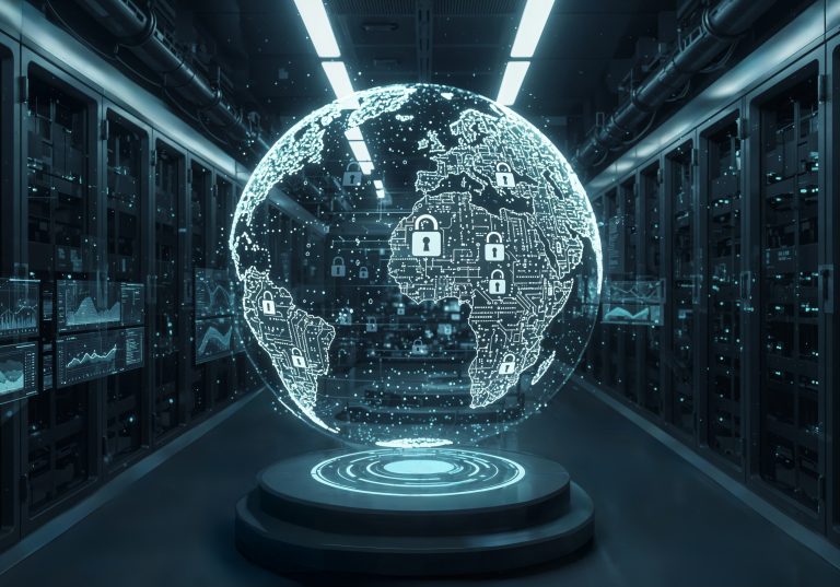 Global network security infrastructure with padlock icons representing cybersecurity protection across interconnected digital systems