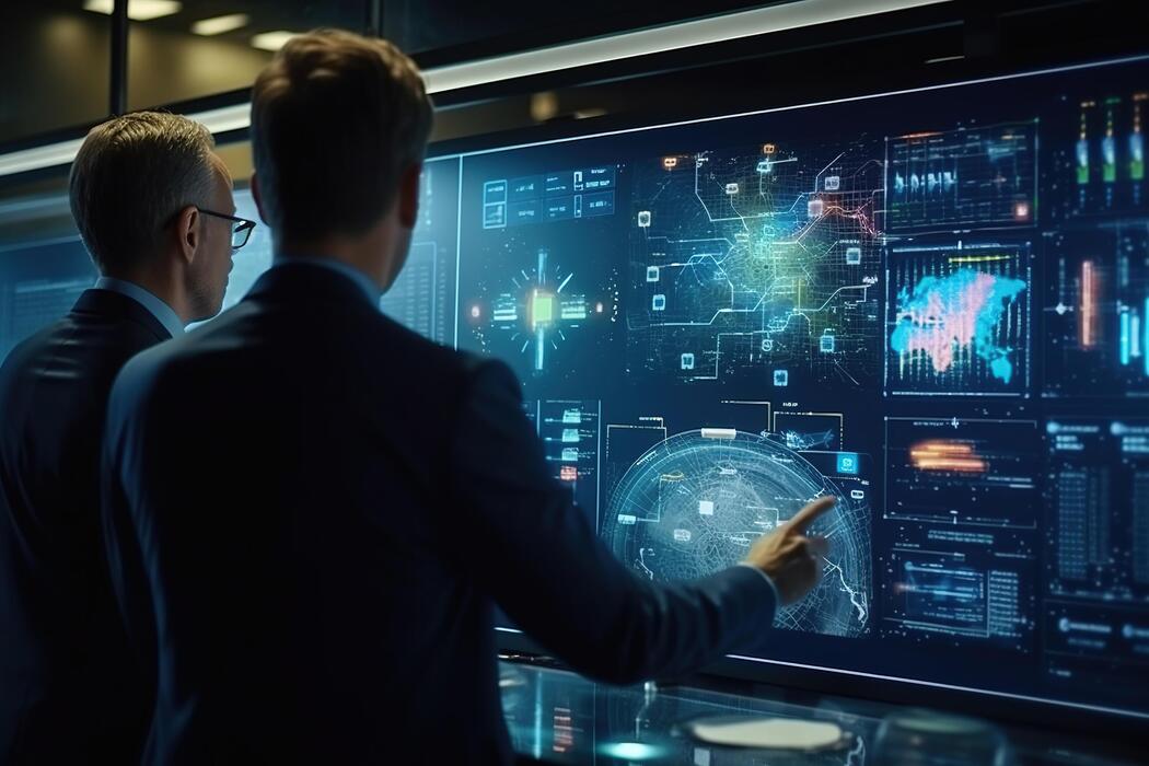 Two cybersecurity analysts in suits reviewing real-time threat intelligence dashboards on a large interactive screen