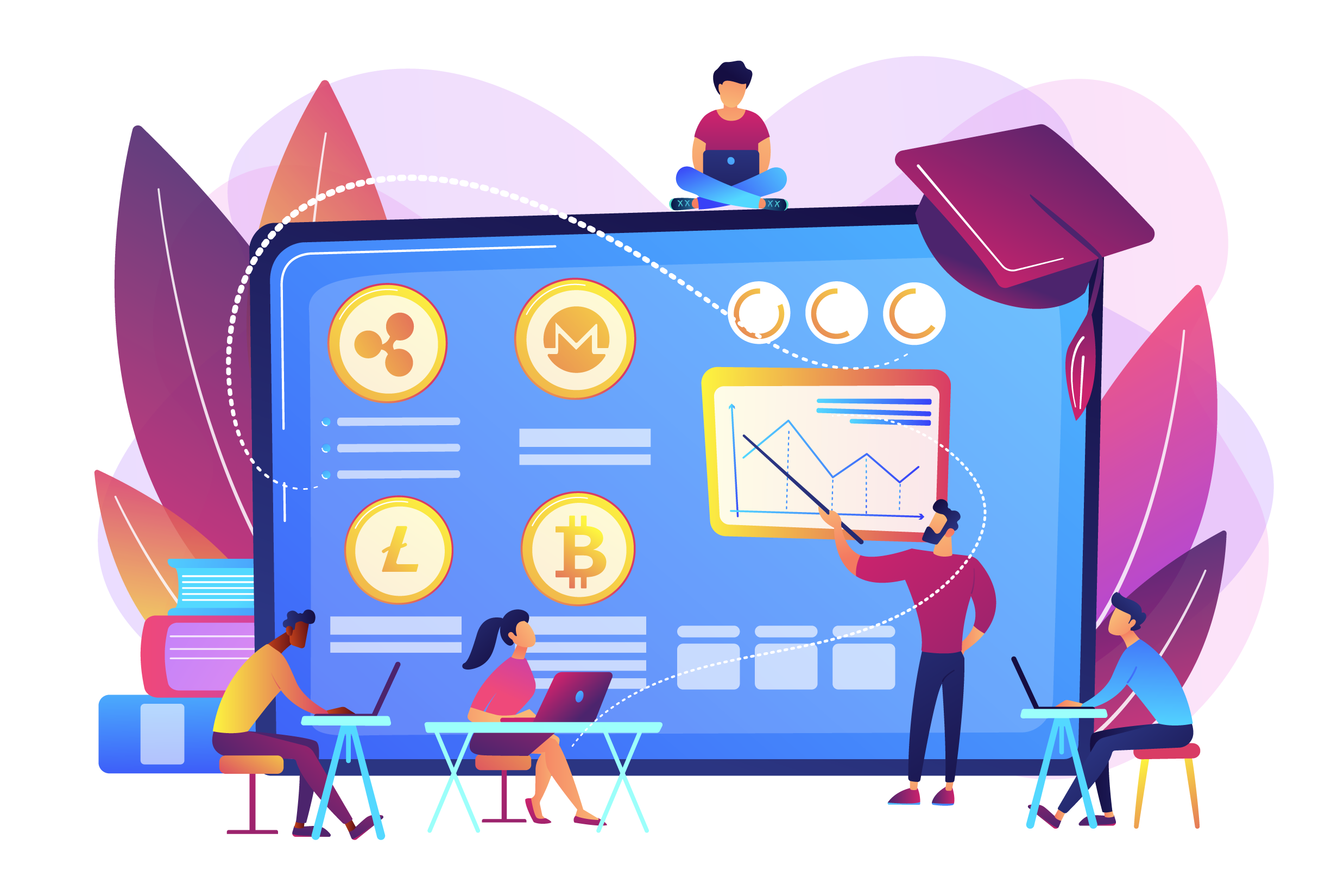 Flat illustration of students learning cryptocurrency analytics on digital dashboard with Bitcoin, Litecoin charts and laptops