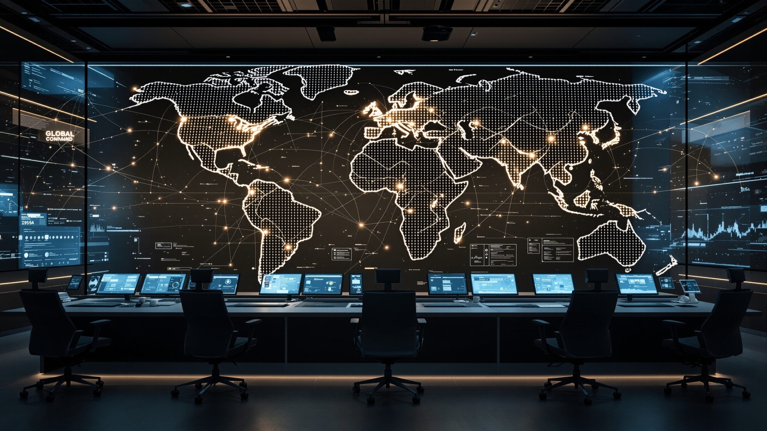 Global security operations center with illuminated world map display showing interconnected nodes and threat monitoring dashboards