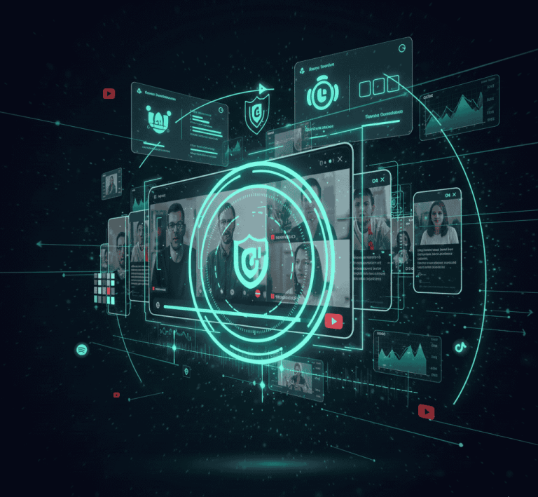 Futuristic identity and access management dashboard with biometric verification, shield protection icon, and real-time security monitoring interface