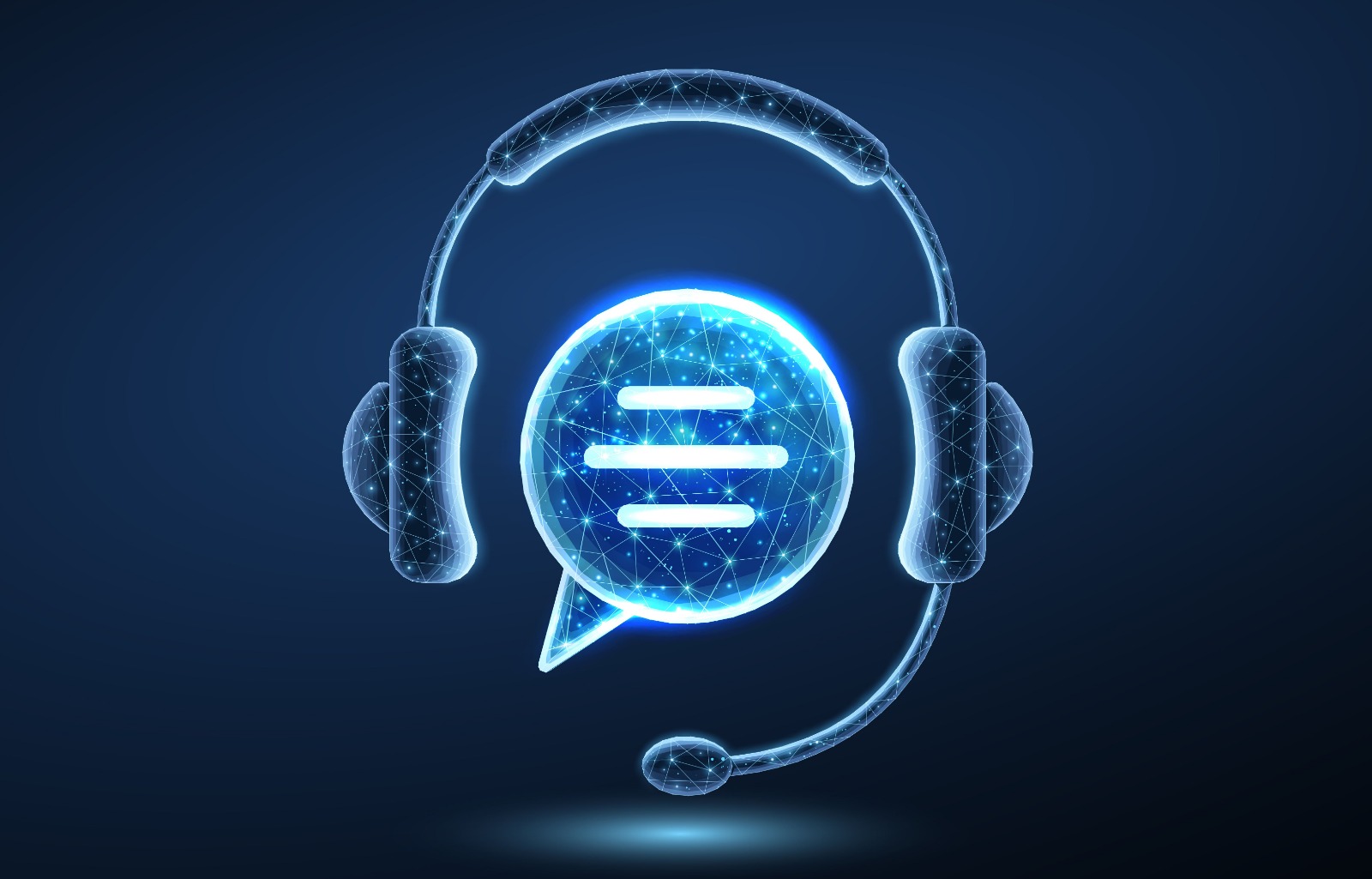 Futuristic glowing headset with chat bubble icon representing AI-powered customer support and virtual assistance