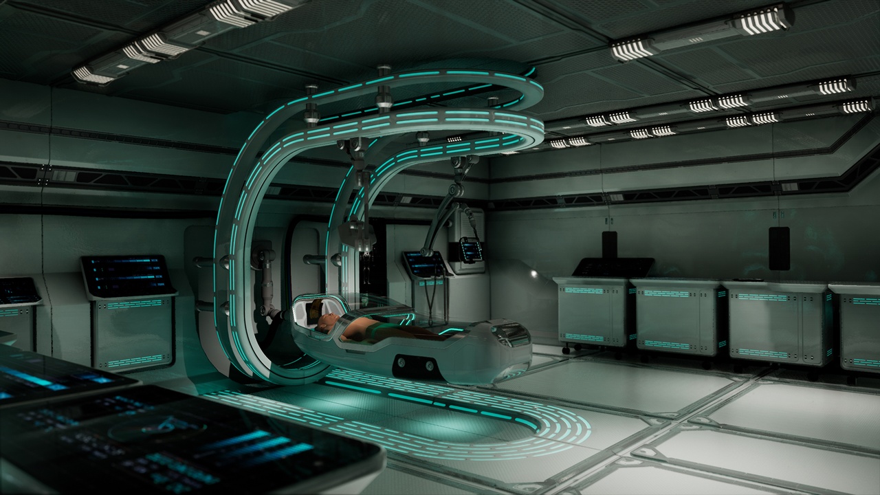 Futuristic medical scanning pod with patient inside in advanced healthcare facility featuring AI-driven diagnostic systems