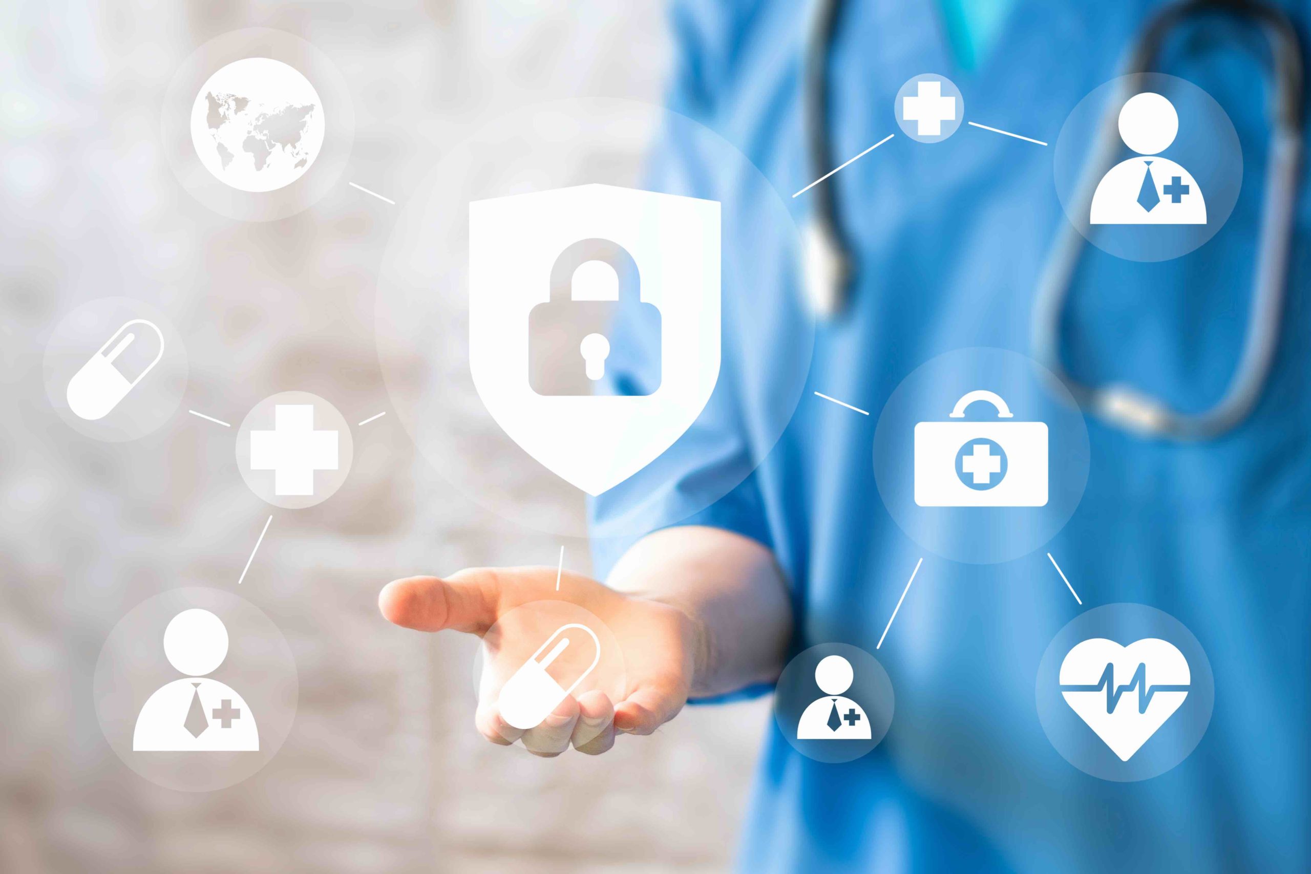 Doctor in blue scrubs holding a digital security shield icon surrounded by healthcare and data protection symbols