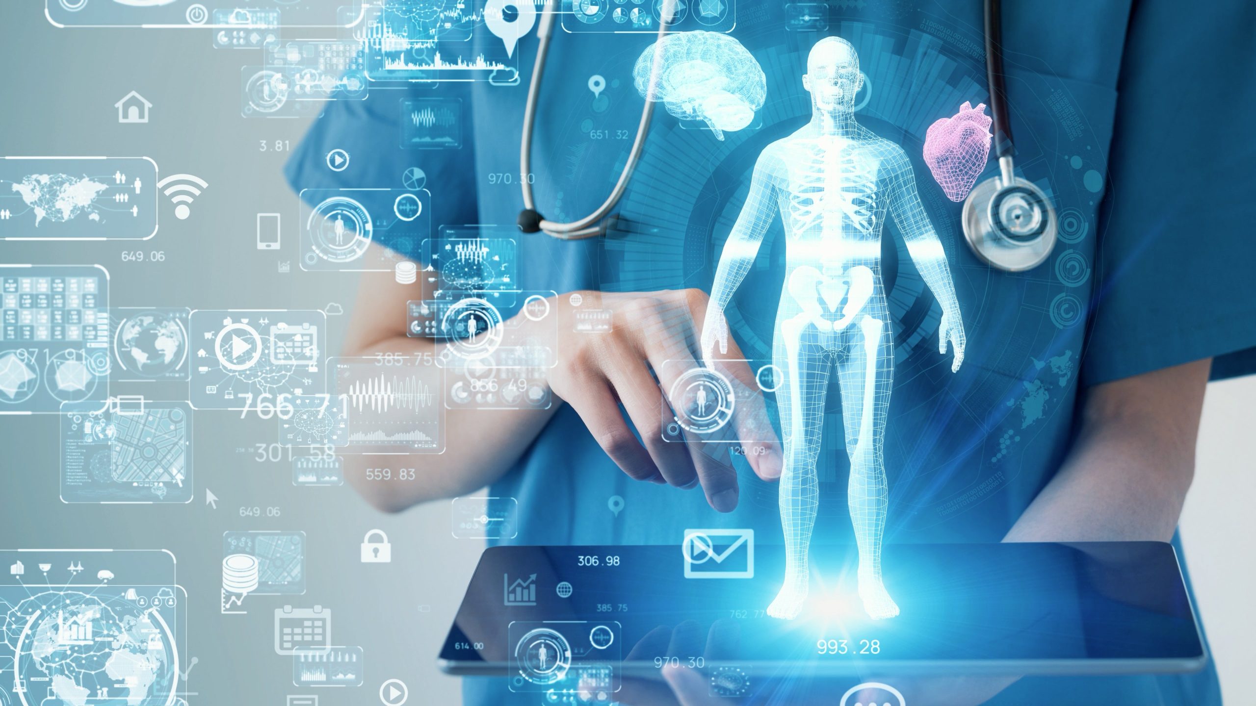 Healthcare professional interacting with digital health data interface displaying patient anatomy, medical metrics, and cybersecurity monitoring systems