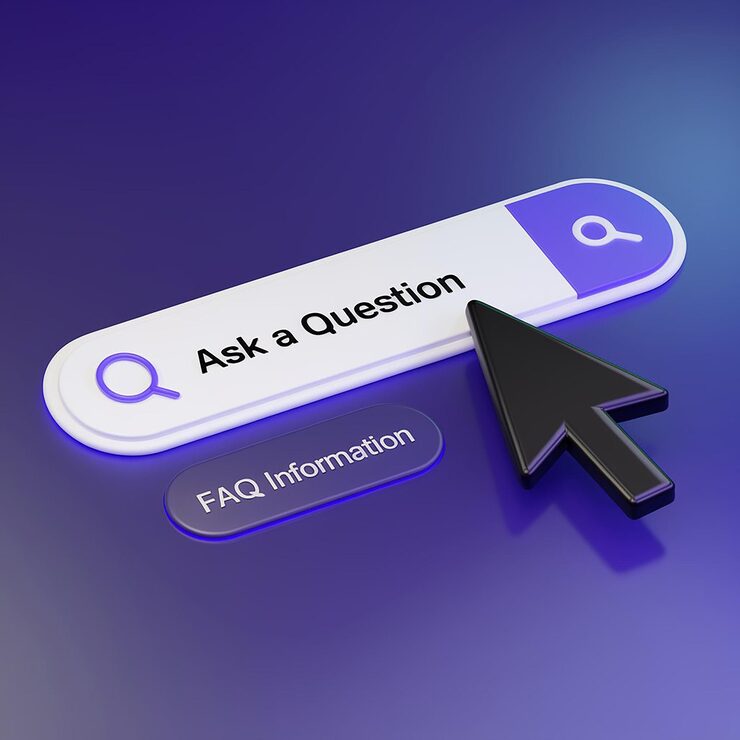 3D search bar with 'Ask a Question' text, FAQ Information button and black cursor arrow on purple background