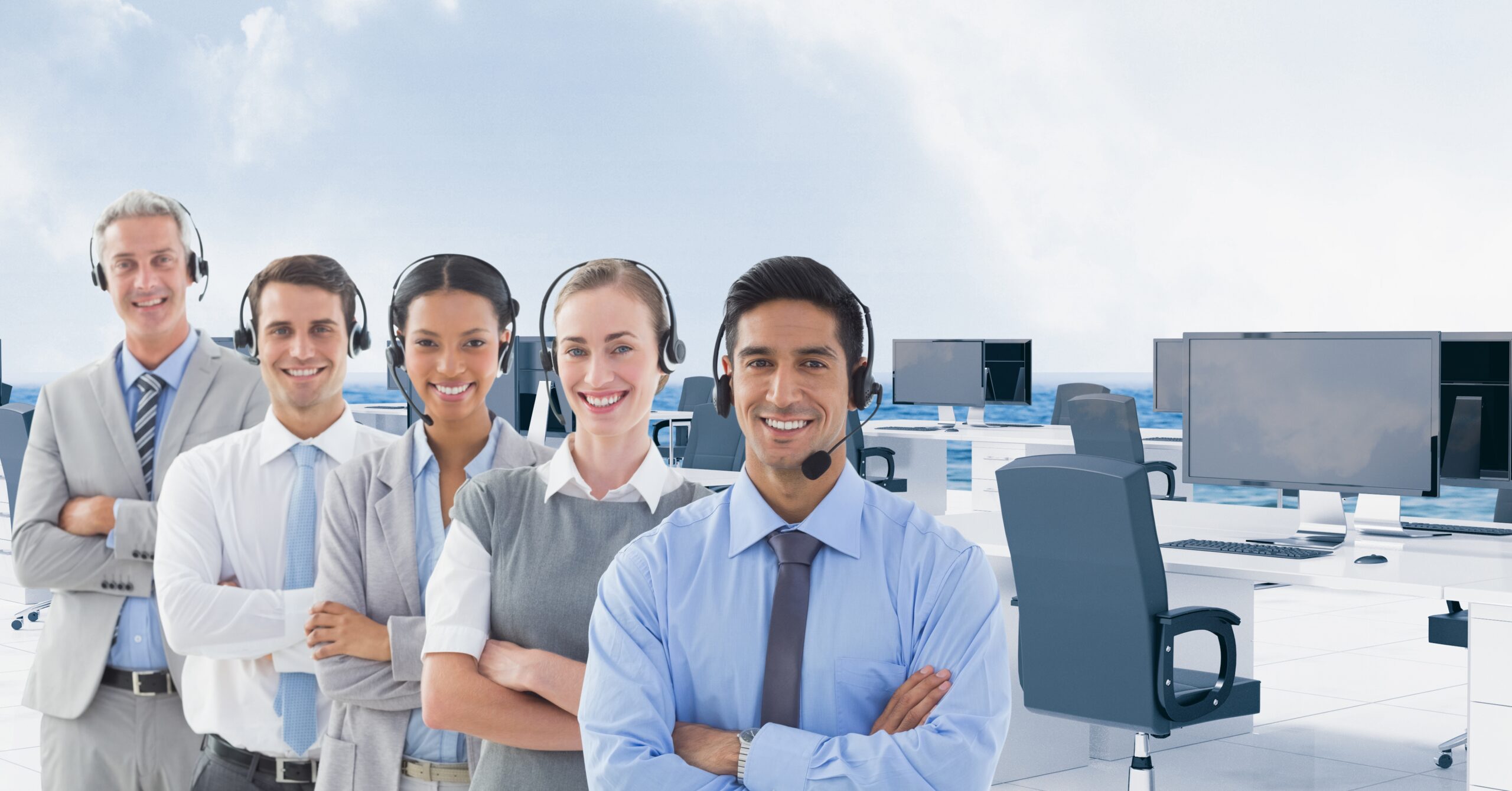 Diverse managed services support team wearing headsets, standing confidently in modern operations center with monitors