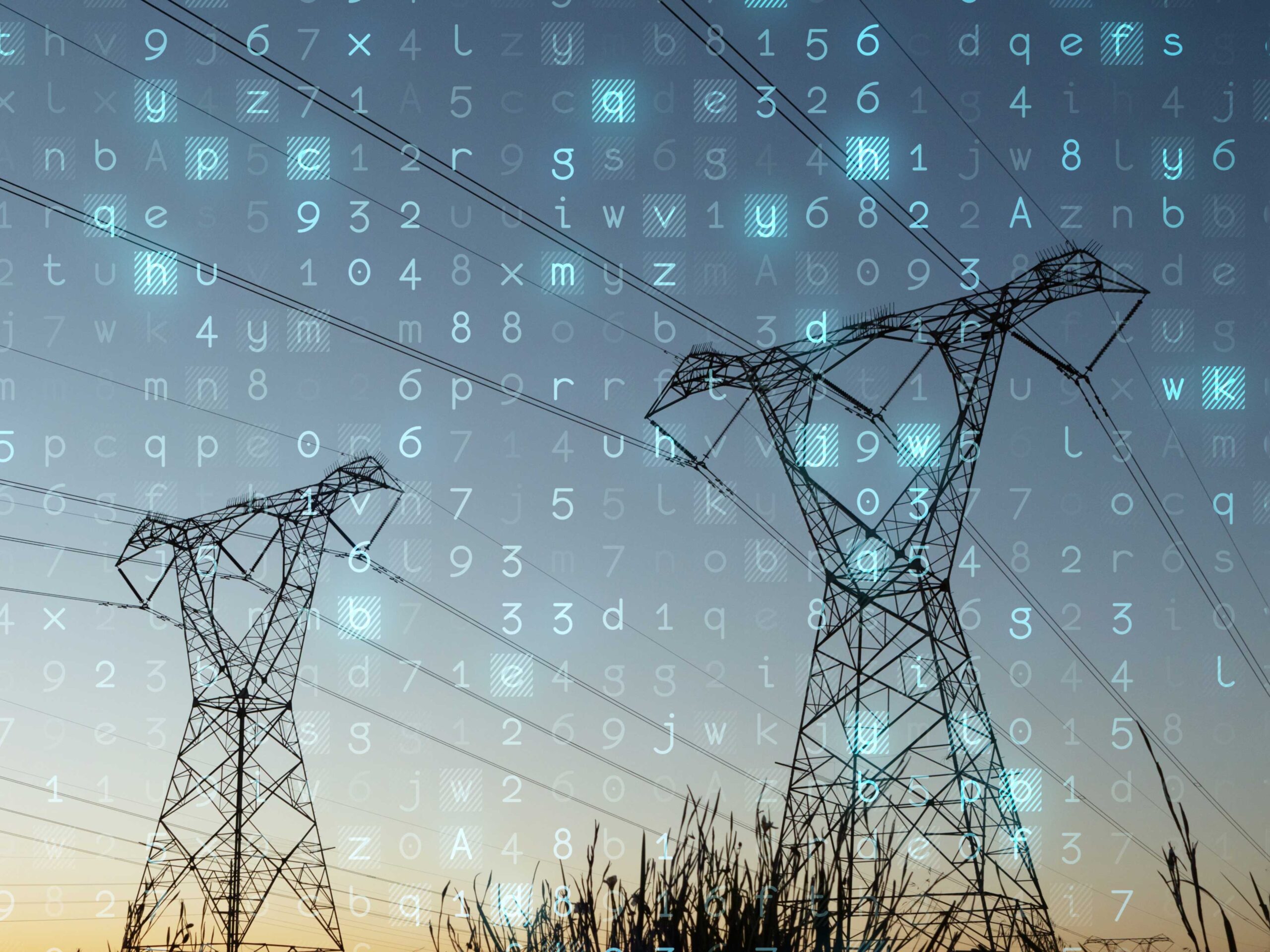 Electricity transmission towers at sunset overlaid with digital code, symbolizing cybersecurity for energy infrastructure