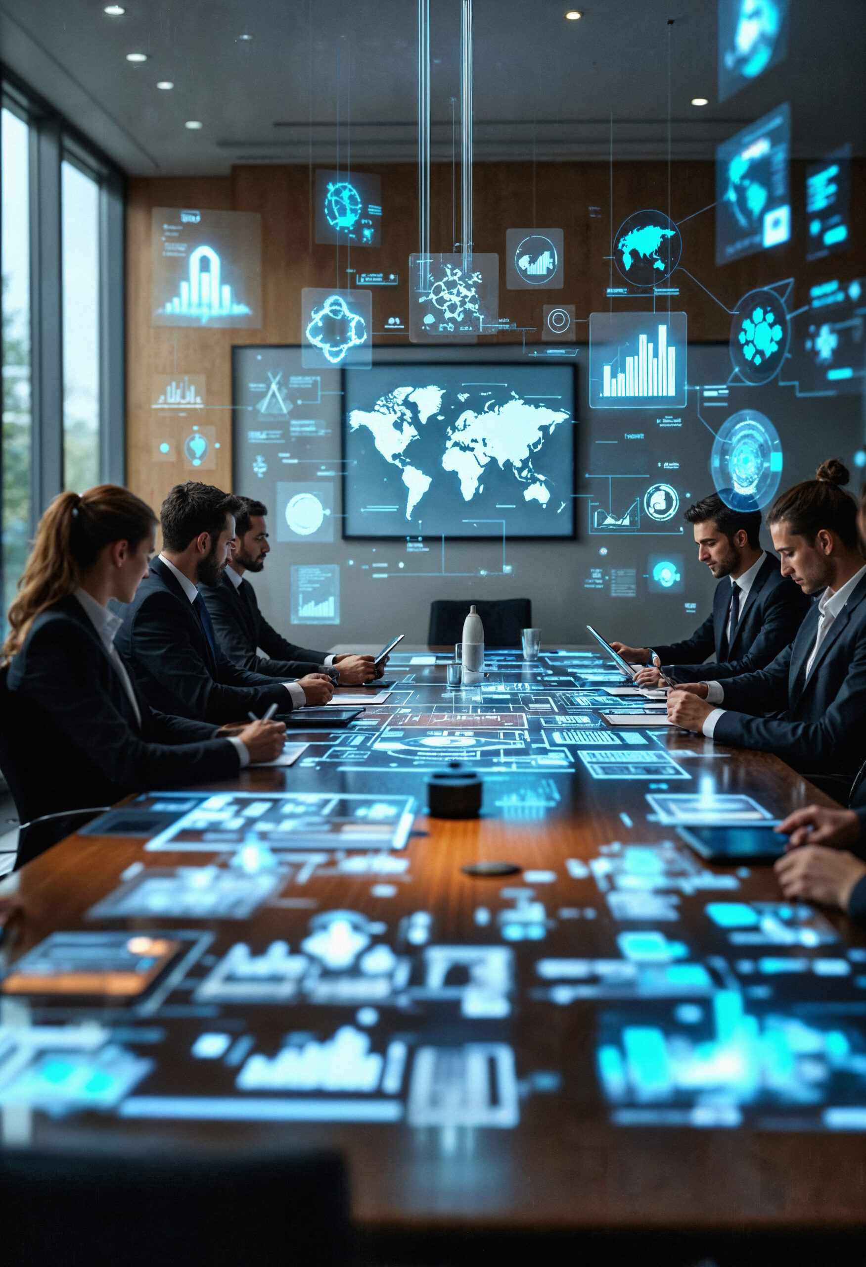Executives in modern boardroom analyzing holographic cybersecurity dashboards, world map and data analytics on conference table