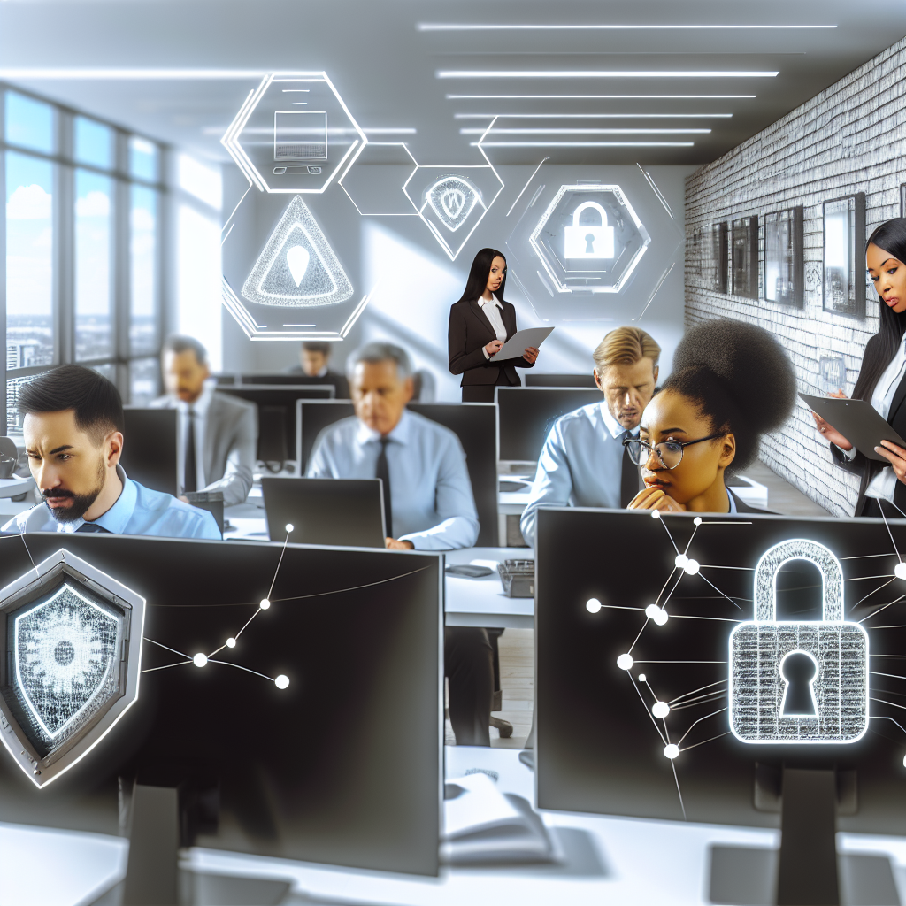 Cybersecurity team in modern office monitoring threats with holographic shield, padlock, and network security icons