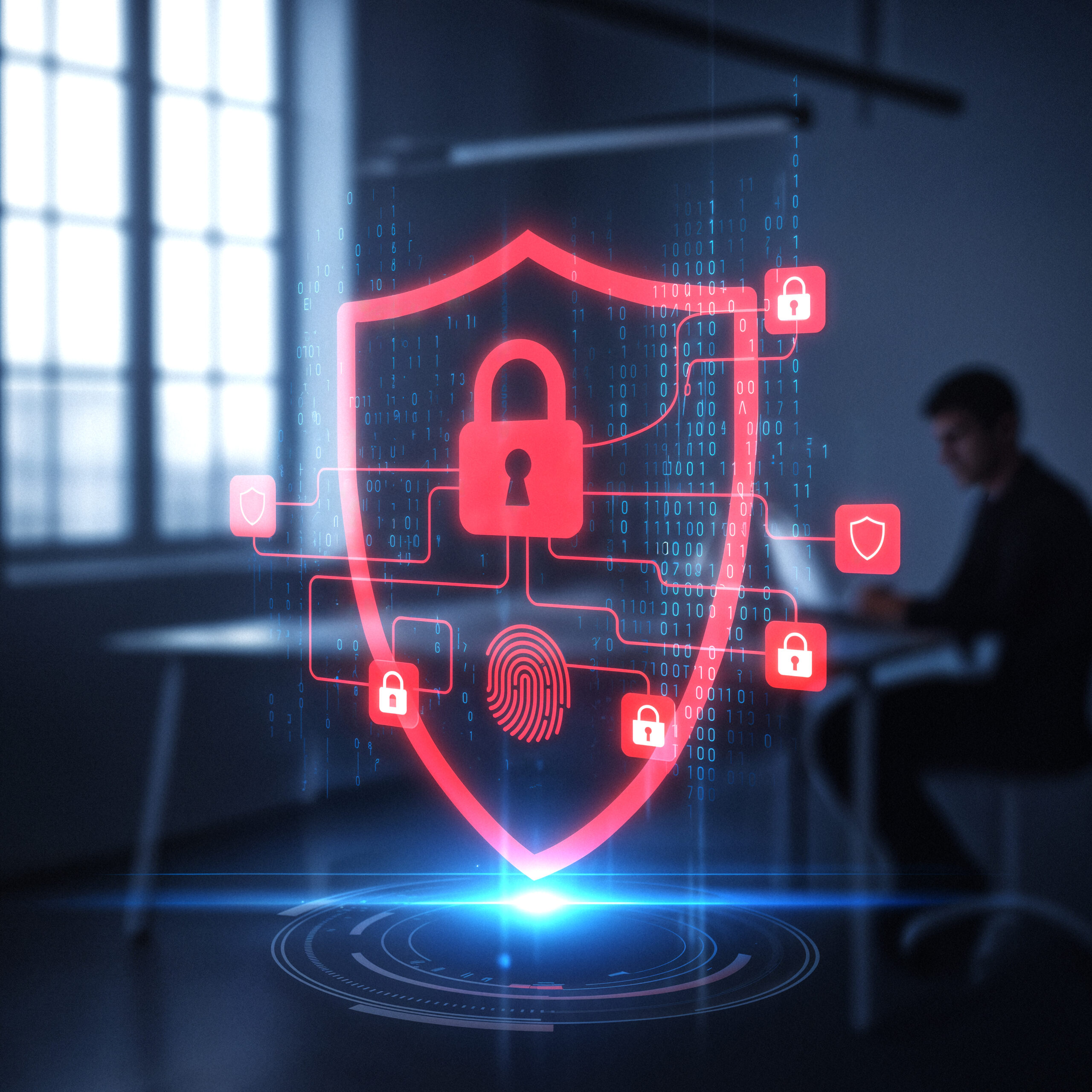 Red holographic cybersecurity shield with padlock and fingerprint icons protecting data, businessman working in background