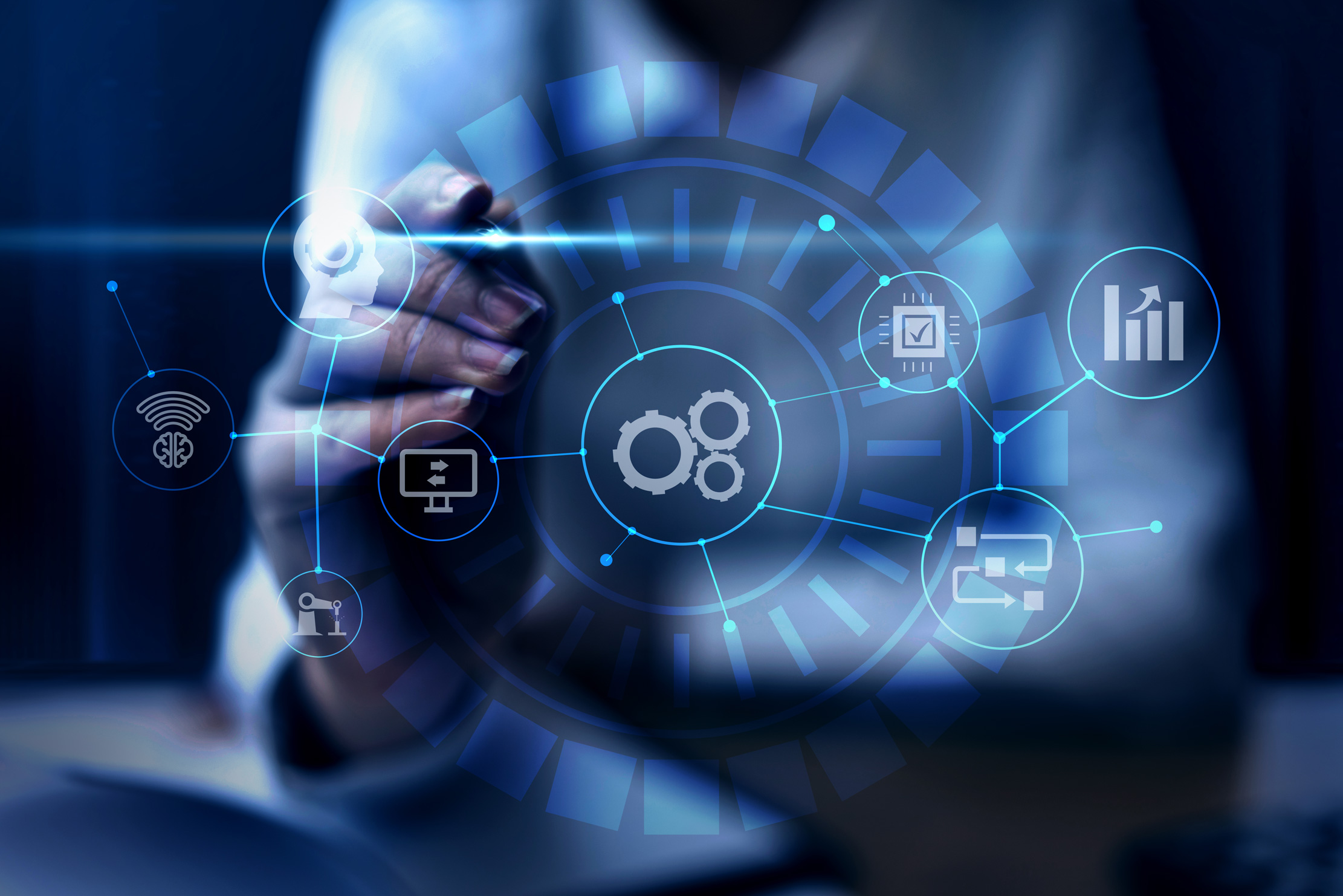 Businessman interacting with futuristic digital interface showing automation gears, AI, analytics and process workflow icons