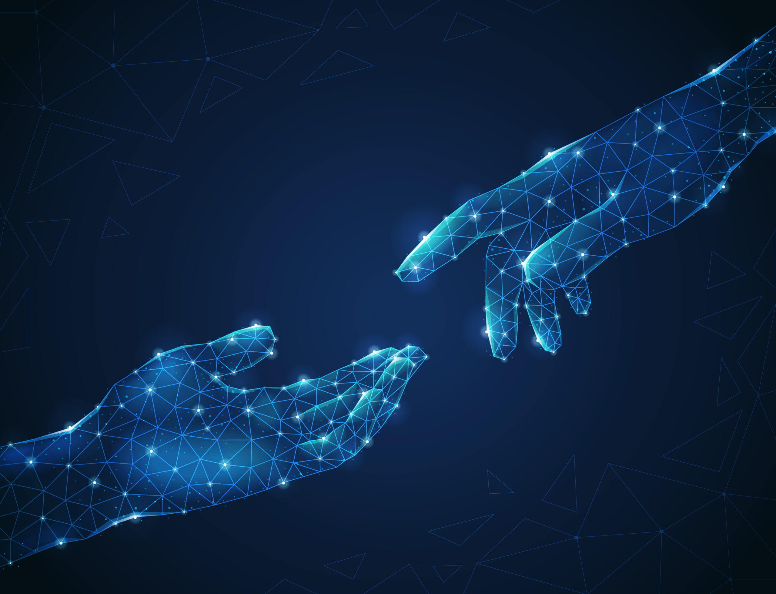 Digital hands mesh network exchanging data, cybersecurity partnership and digital transformation collaboration concept