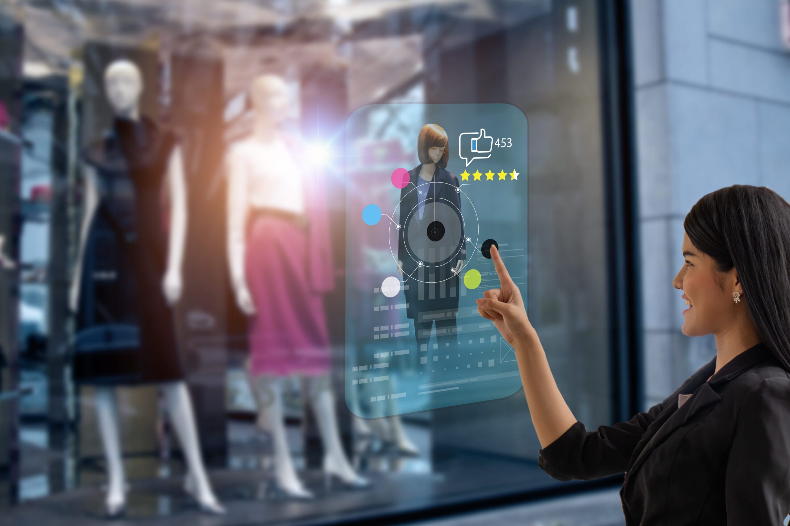 Woman interacting with AI-powered smart retail display showing product ratings, reviews and analytics on store window