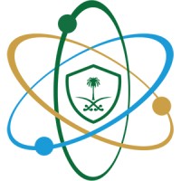 Saudi atomic and renewable energy logo featuring national emblem with palm tree and crossed swords inside atom orbits