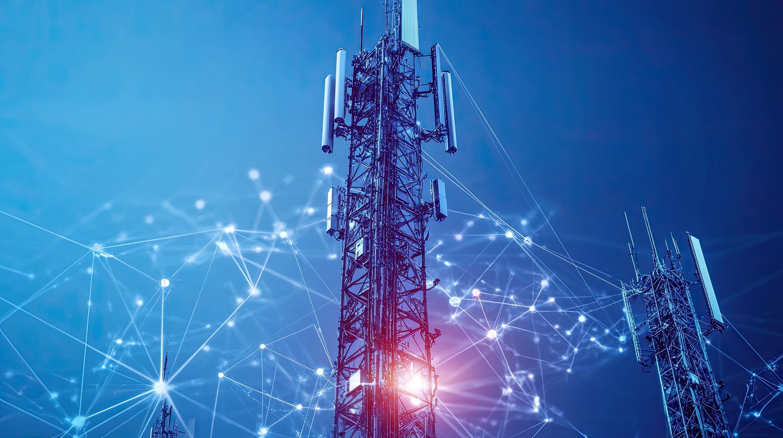 5G telecom tower with cellular antennas against blue sky, overlaid with digital network connection lines and nodes