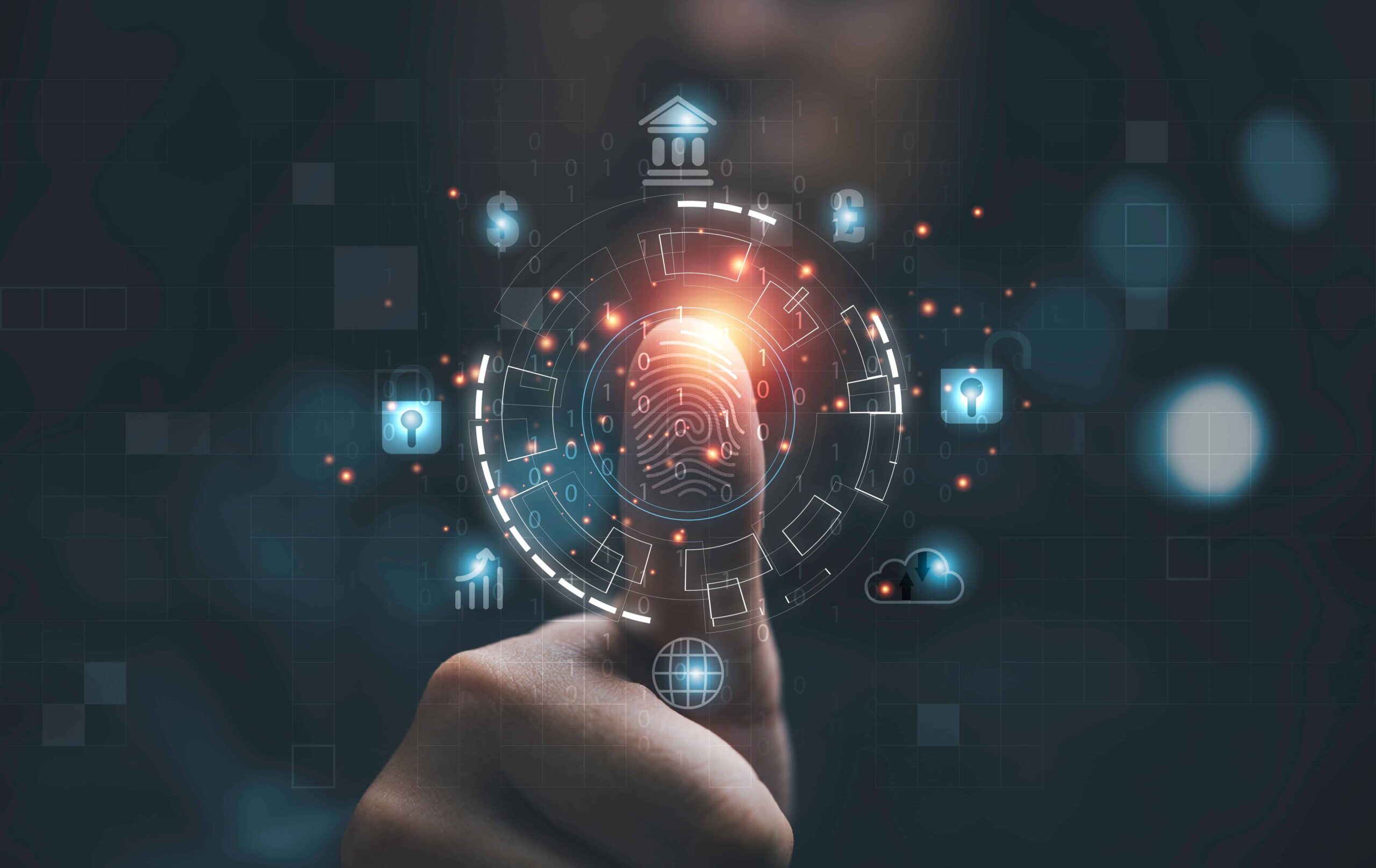 Fingerprint biometric authentication scan with cybersecurity icons representing digital identity and secure access